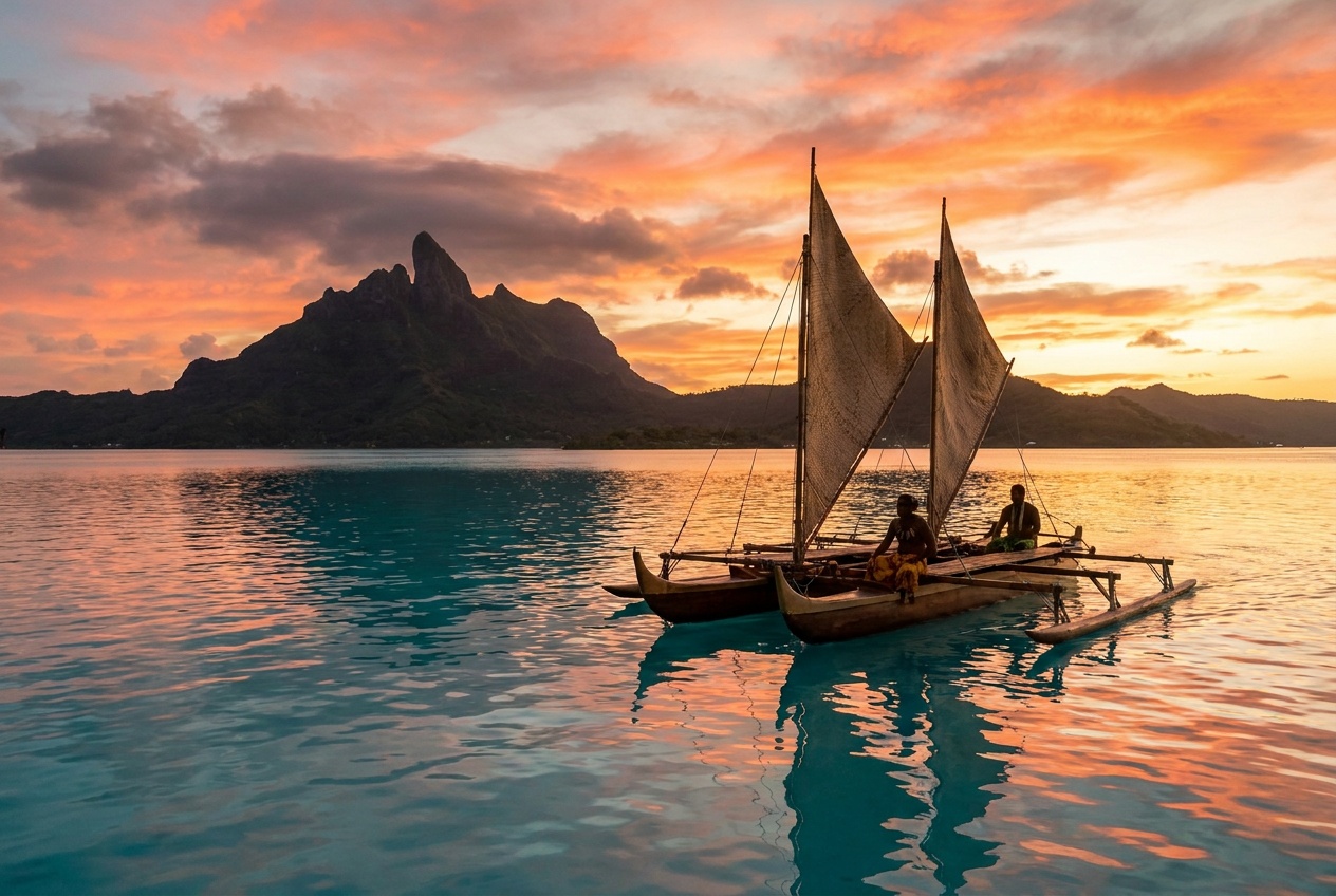 Coucher de soleil en pirogue à balancier — Bora Bora