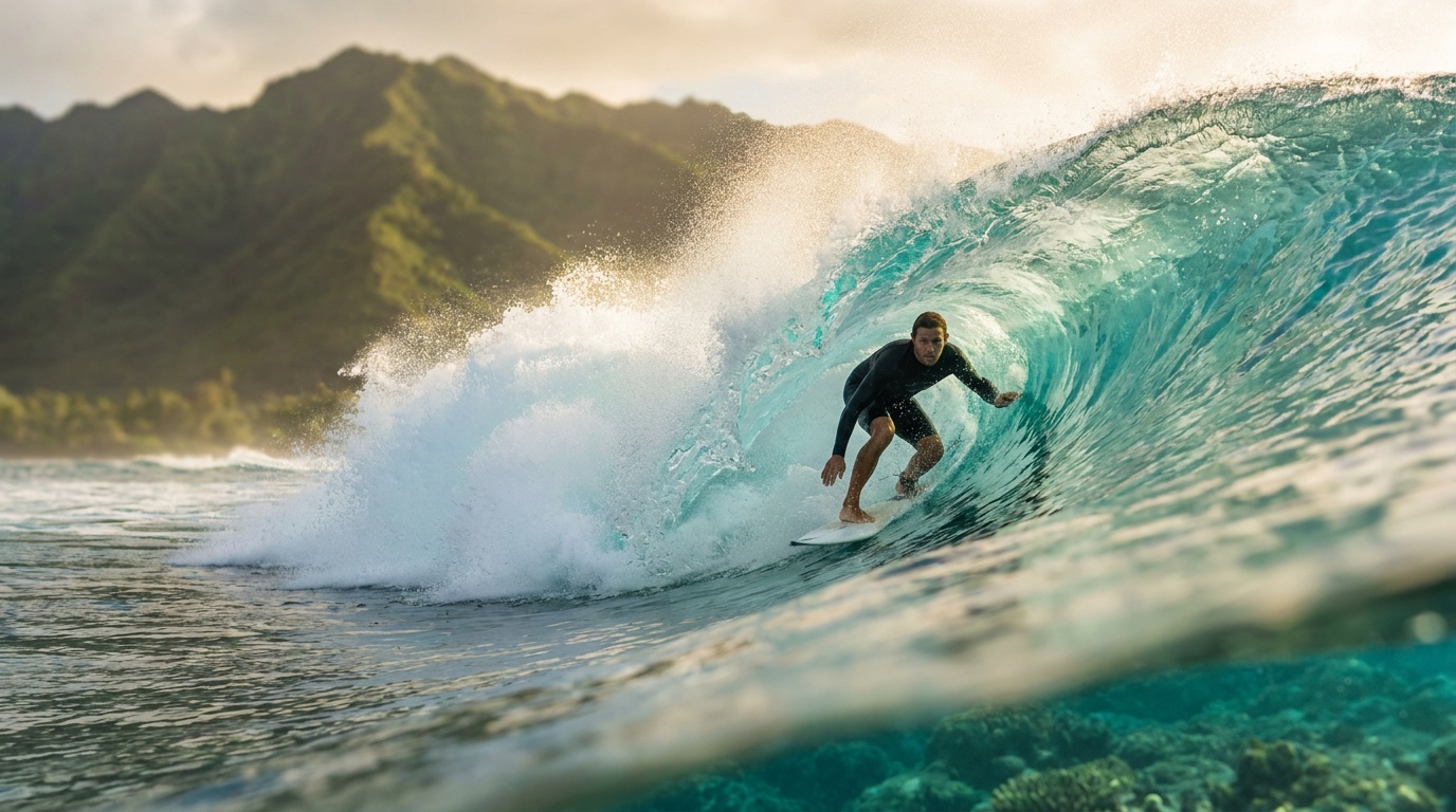 Surfeur dans une vague à Tahiti