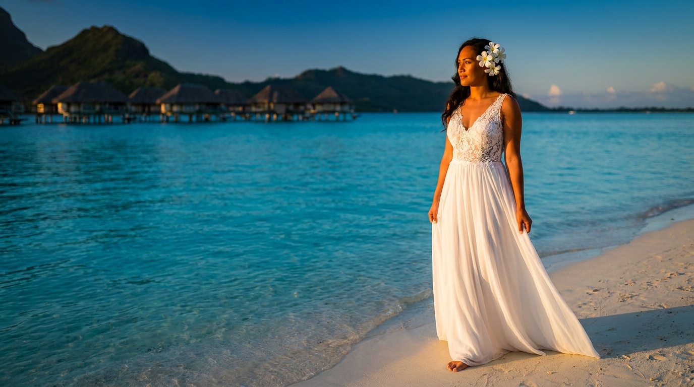 Mariée sur une plage au coucher de soleil au fenua