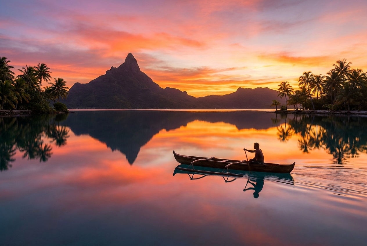 Pirogue au coucher du soleil