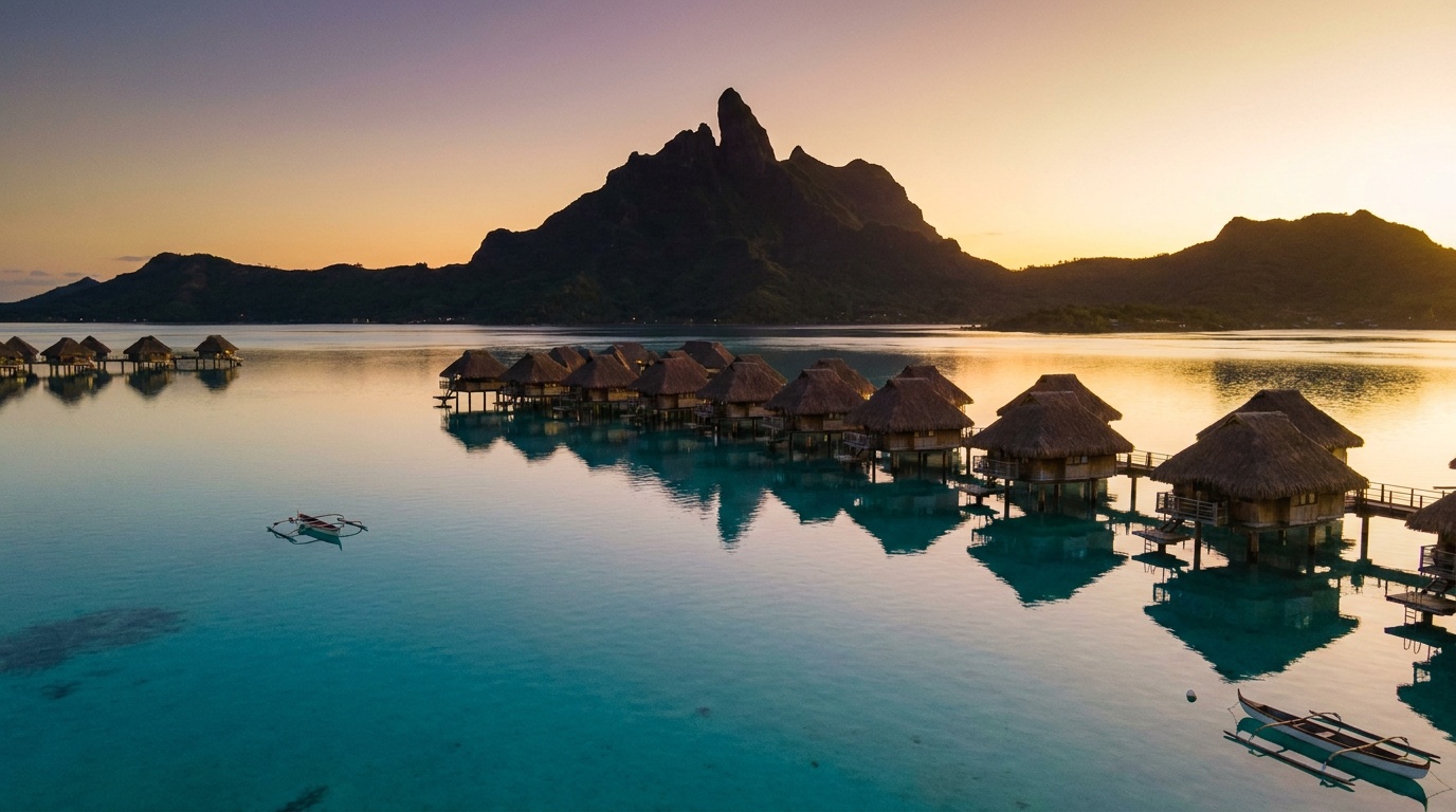 Lever du soleil sur les bungalows overwater de Moeava