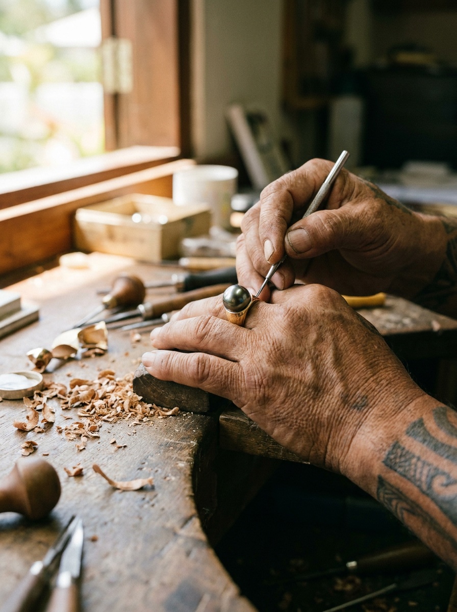 Sertissage à l'atelier de Pirae