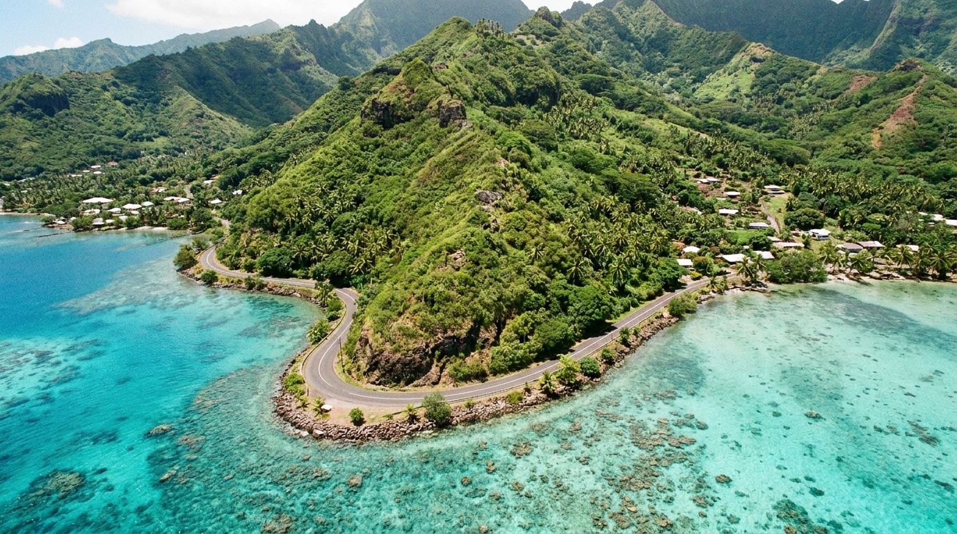 Route côtière au bord du lagon turquoise à Tahiti