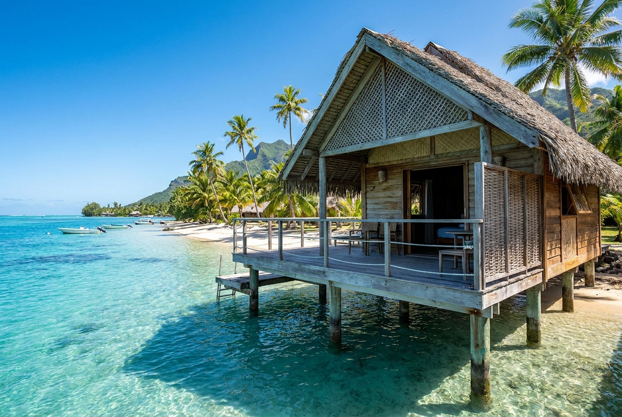 Fare Lagon — Bungalow bois pieds dans le lagon