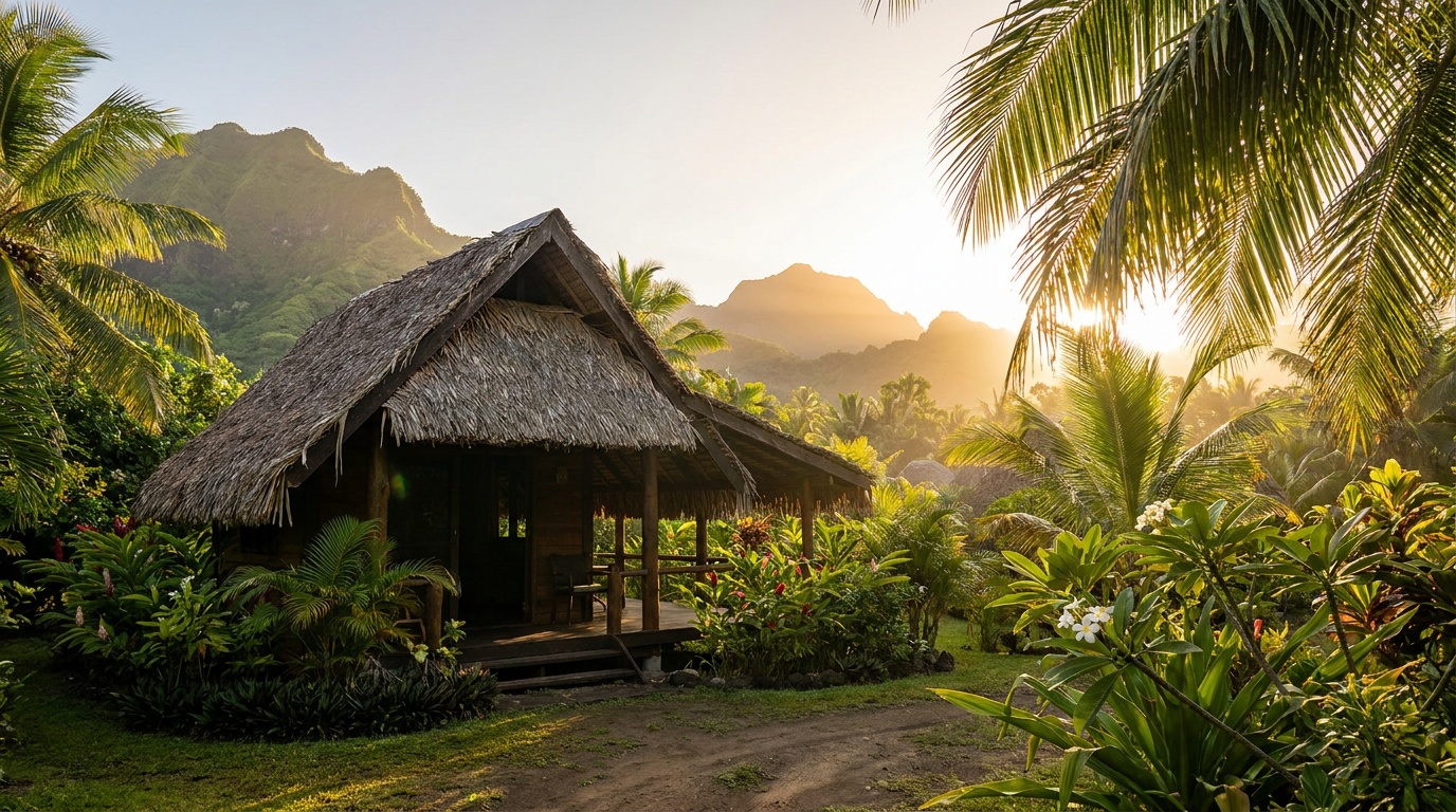 Bungalow en bois dans un jardin tropical à Moorea au lever du soleil