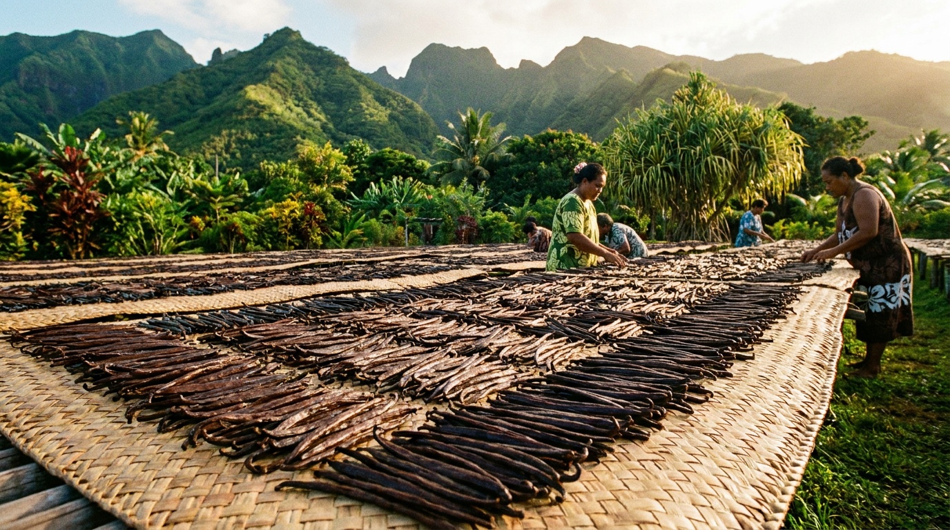 Gousses de vanille de Tahiti séchant au soleil